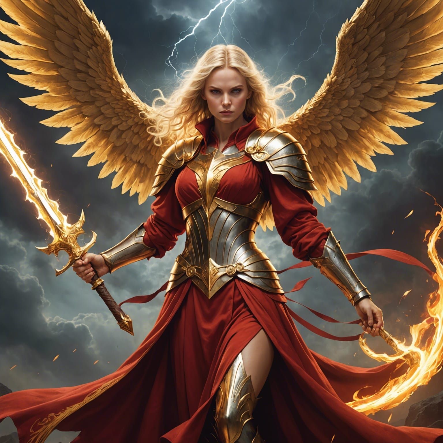 blonde female Archangel wearing a red and gold robe wielding a sword of ...