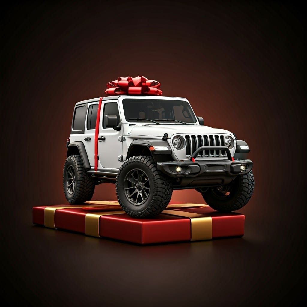 Luxury Gift Box Jeep Wrangler in Red Ribbons and Golden Trim
