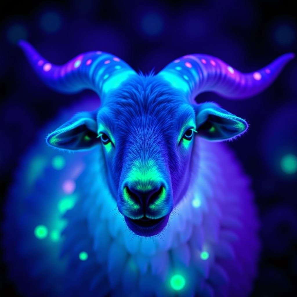Epic Bioluminescent Sheep face. A mesmerizing display of bioluminescence, rendered in hyperphotorealistic detail, where the soft glow emanat...