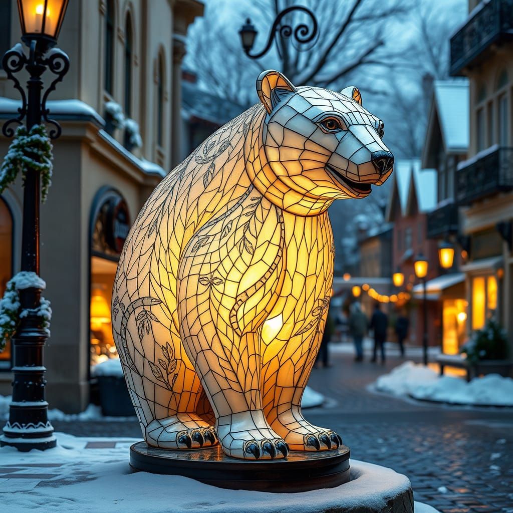 A lamp of glass and crystal in the shape of a polar bear, detailed, ornate, lamp, on a street corner ...  by @SirEdmund