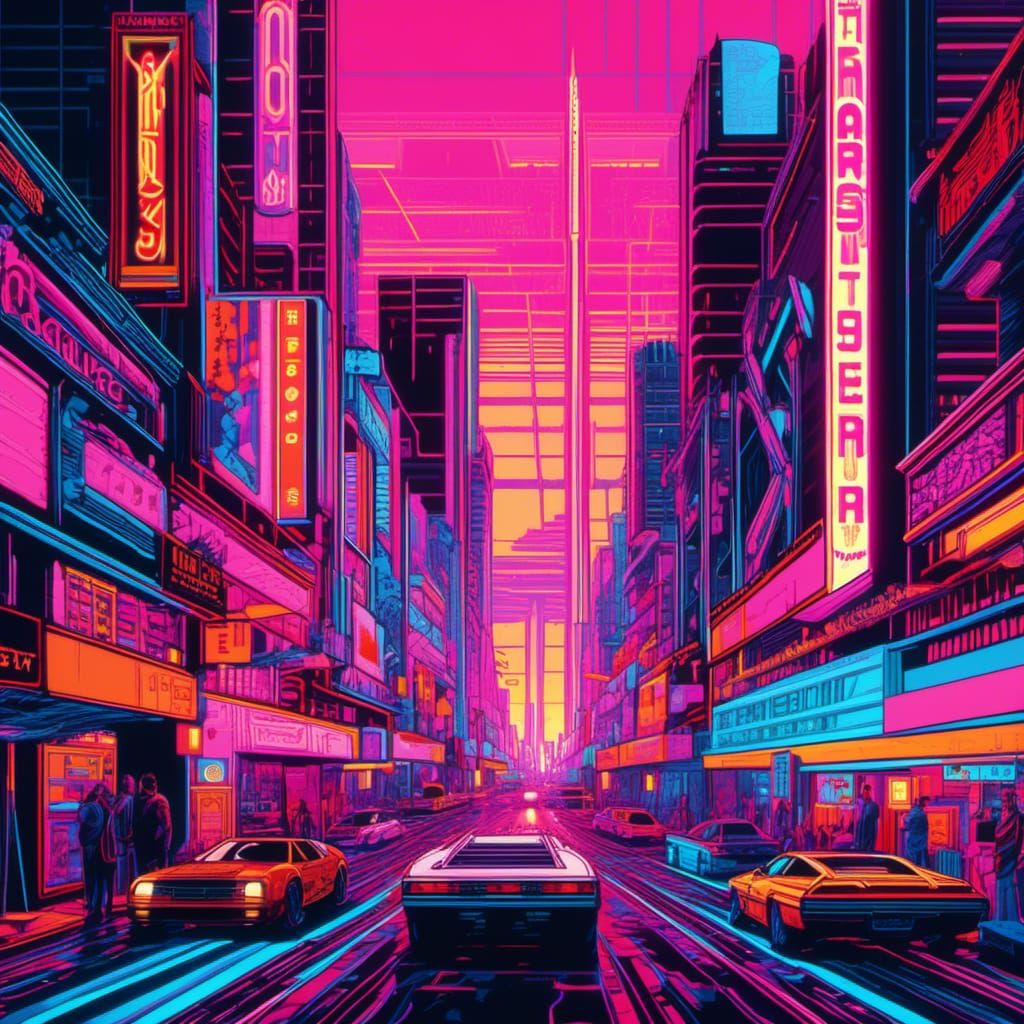 highly detailed INTRICATE  80s vaporwave neon retro arcade tron tokyo modern hyperdetailed maximalist CITY SUNSET vaporwave scenery, hyperde...