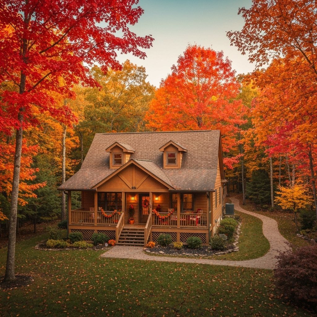 Cozy Cabin in Autumn Foliage, Serene Photographic Scene