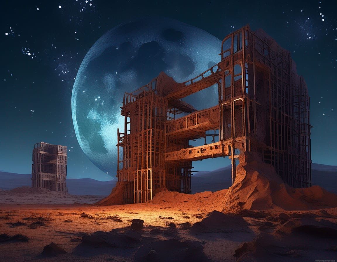 Moonlit Ruins: Sci-Fi Dystopian Landscape at Night