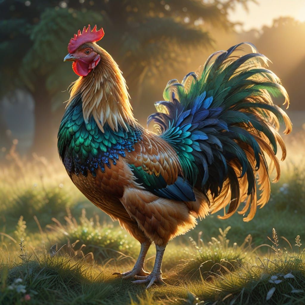 Majestic Iridescent Chicken in Golden Sunrise Light