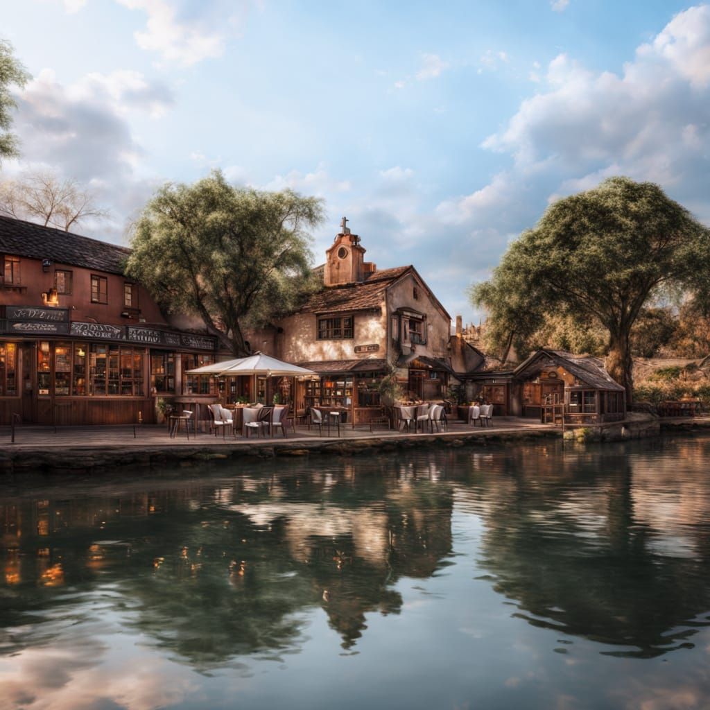 A restaurant near a river, HDR, beautifully shot, hyperrealistic, sharp focus, 64 megapixels, perfect composition, high contrast, cinematic,...