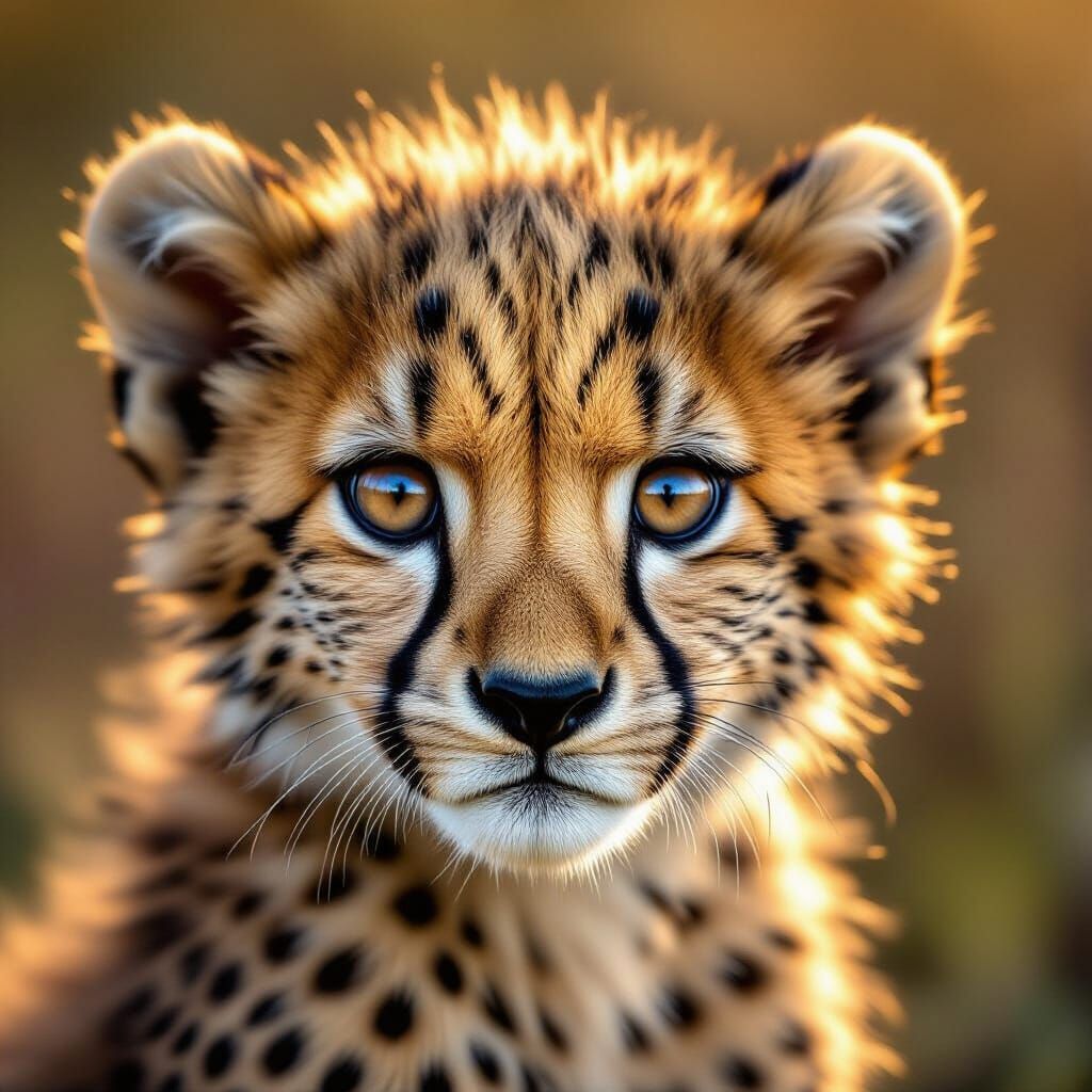 hyper-realistic close-up portrait of of a cheetah cub looking at the viewer