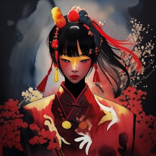 Lunar New Year. Chinese landscape ((watercolor style)). Abst...