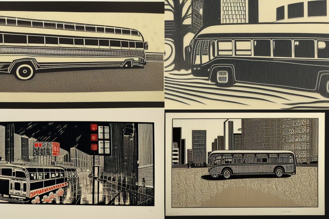 Japanese woodcut print city Chicago cars bus in rain