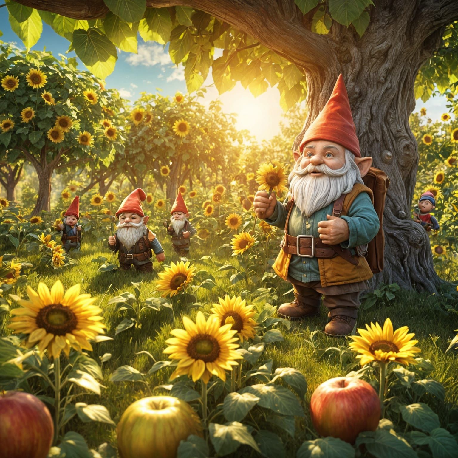 David Brown style Gnomes trending artStation and apple orchard w sunflowers, vibran 3d, 32k, lens-fkaret ...  by @PWC Digital Art