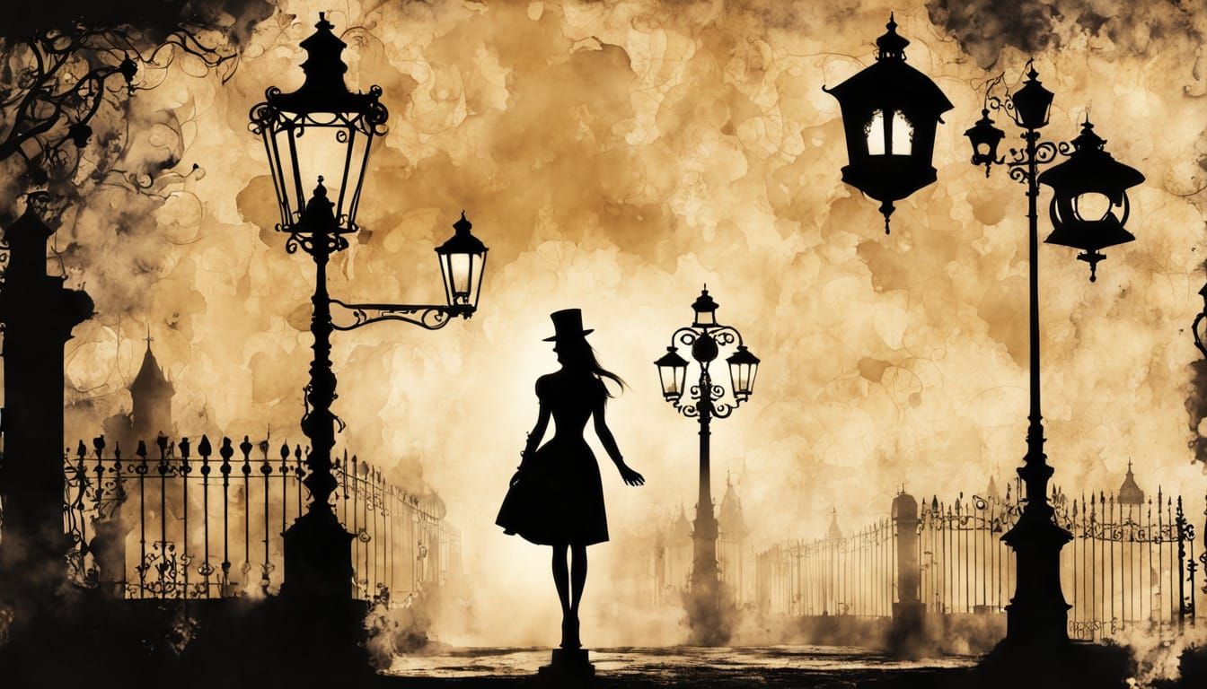 Silhouette of a woman standing next to a lamp post, modern European ink painting, steampunk background, ...  by @Mr Classics