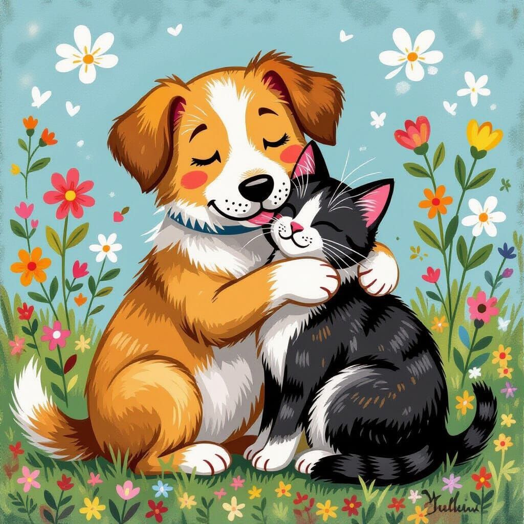 Dog Hugs Cat in Whimsical Storybook Style