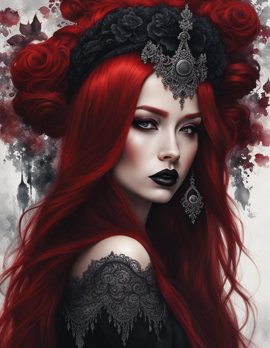 beautiful gothic woman, with long red hair, black lipstick , looking ...