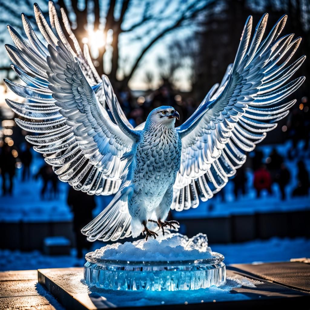 ice sculpture of a falcon with wings outstretched  by @Staircase Flash