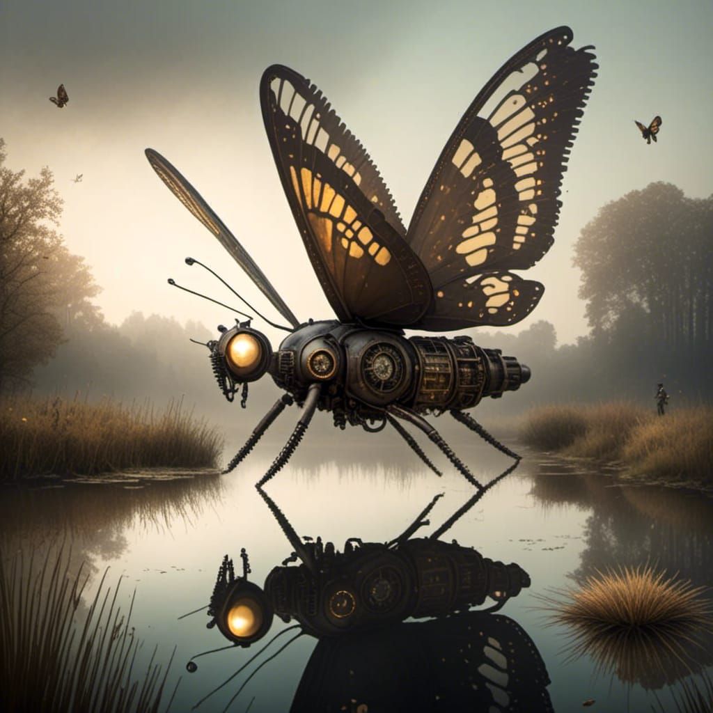  <lora:Flying Sweat:1.0> A butterfly landing on the edge of a pond, its reflection shimmering in the water