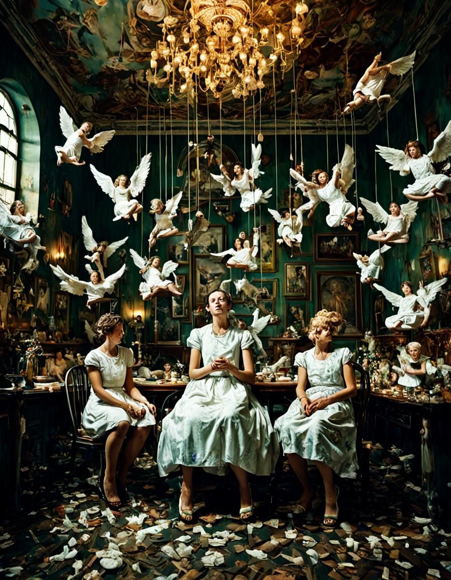 Detailed photography a women sit in surrounded by angels, ma...