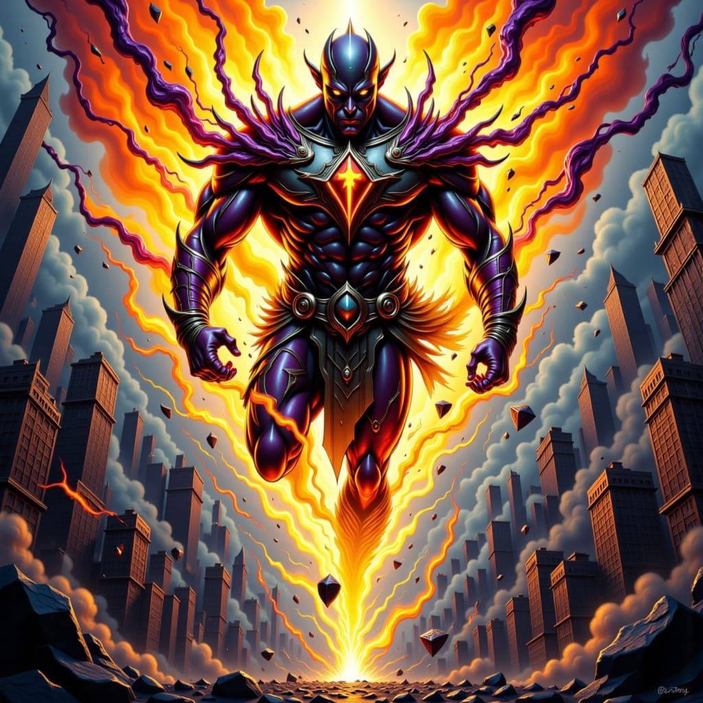 The powerful Hero jumps down while striking with an energy attack at an evil angry elemental god to save the city from its wrath. 
<lora:RPG...