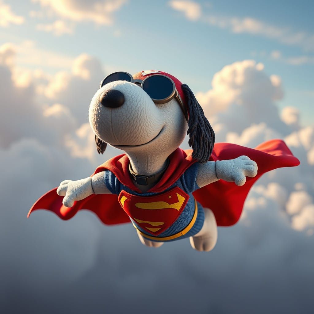 Intricately textured, hyper-realistic crotchet of Snoopy dressed as Superman, flying through the sky  by @jnatas