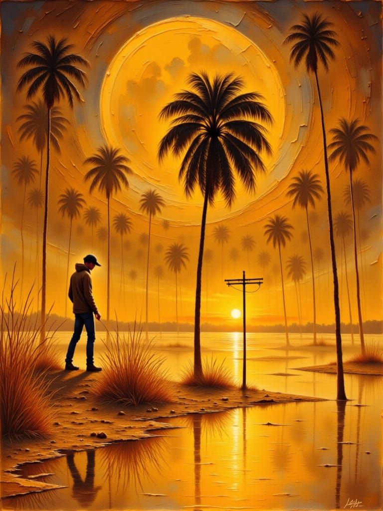 Solitary Telephone Pole in Misty Marsh at Twilight