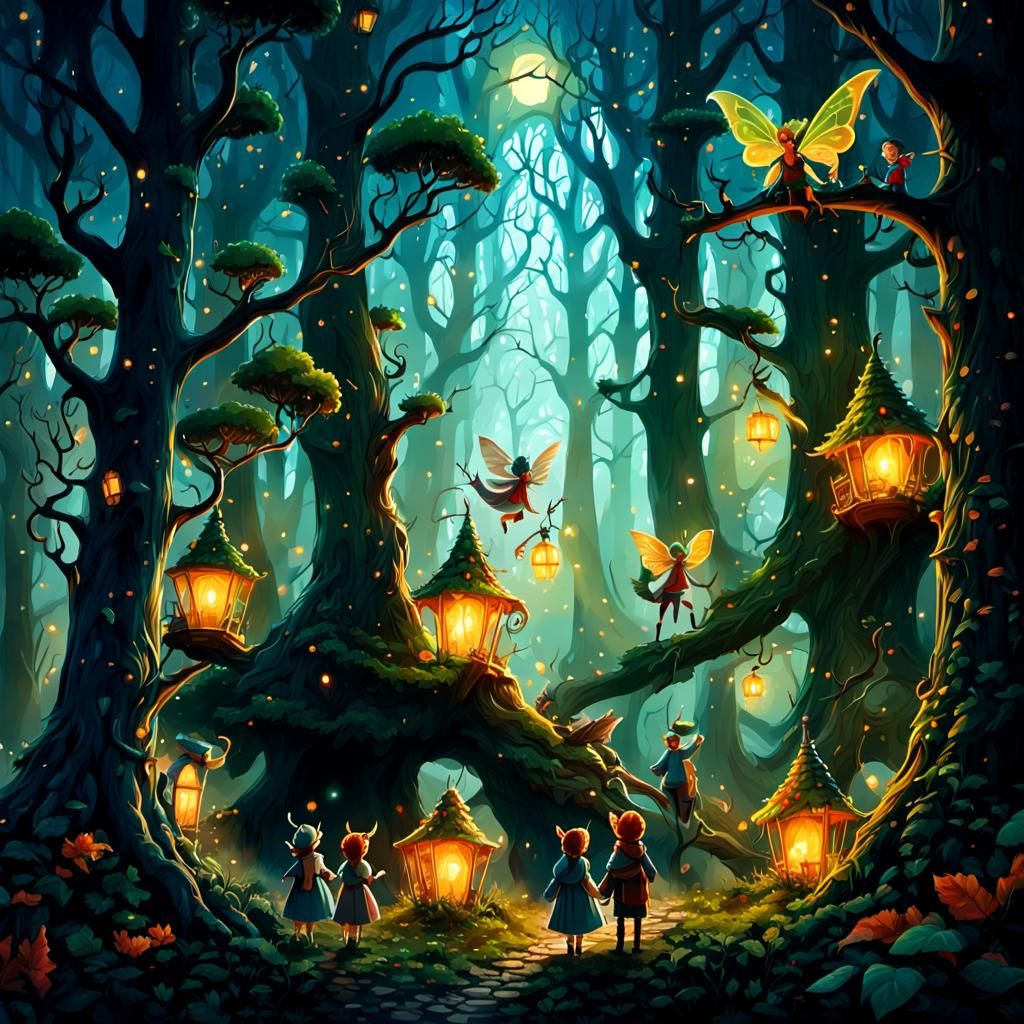 Enchanted forest with idyllic creatures