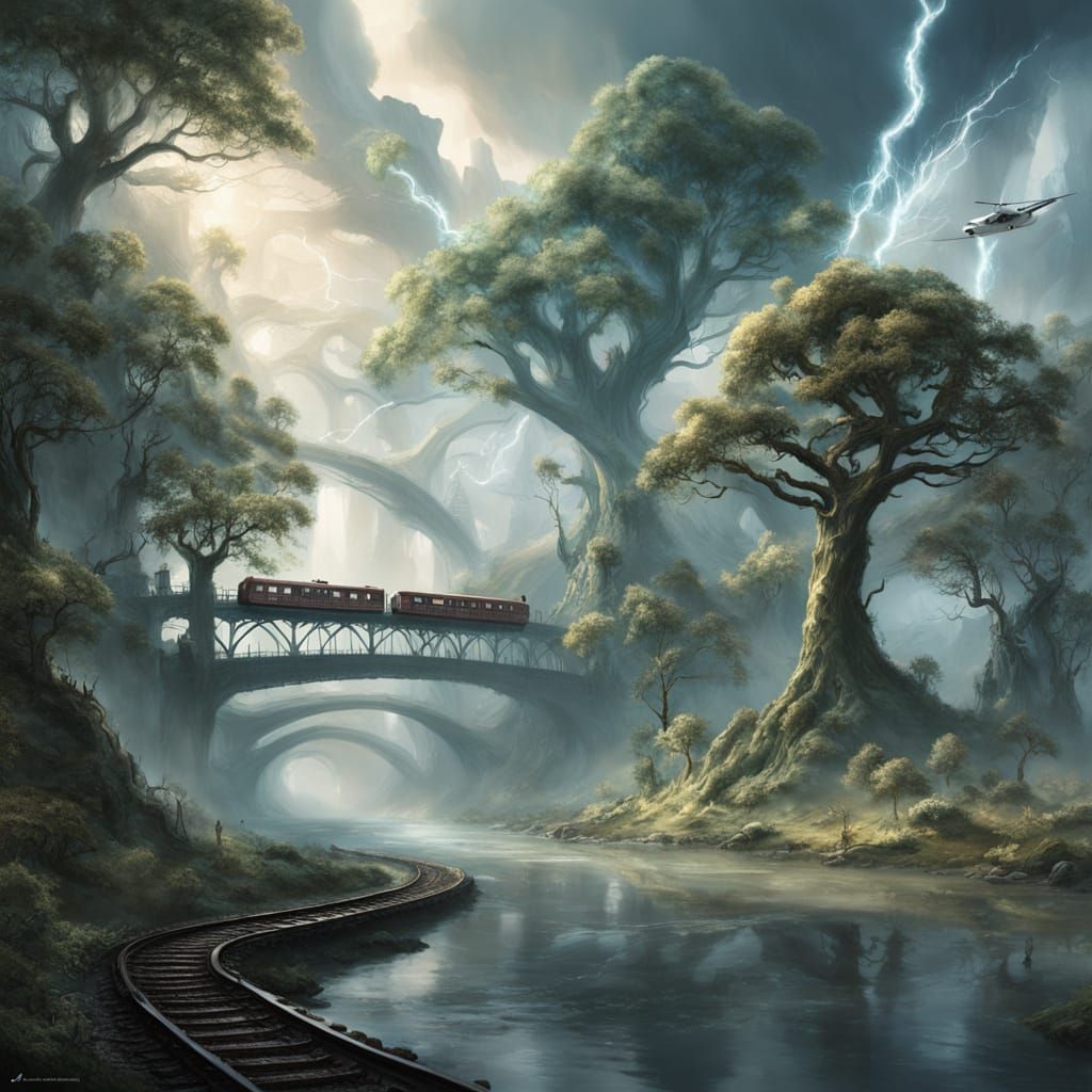 A grand, ancient forest blankets the landscape, its immense trees rising like silent giants toward a pale, silver-tinted sky. Layers of drif...