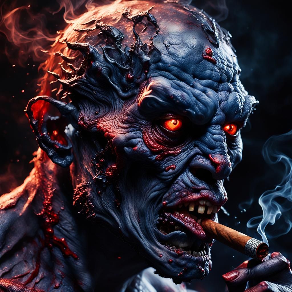 Blood-Soaked Demon Smoking Cigar: Dark Fantasy Art