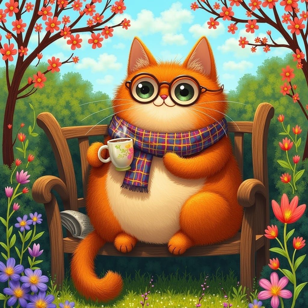 <lora:GATOS:1.0> A gigantic, fluffy ginger cat with a bespectacled face, adorned with a colorful scarf and, sits comfortably on a quaint gar...
