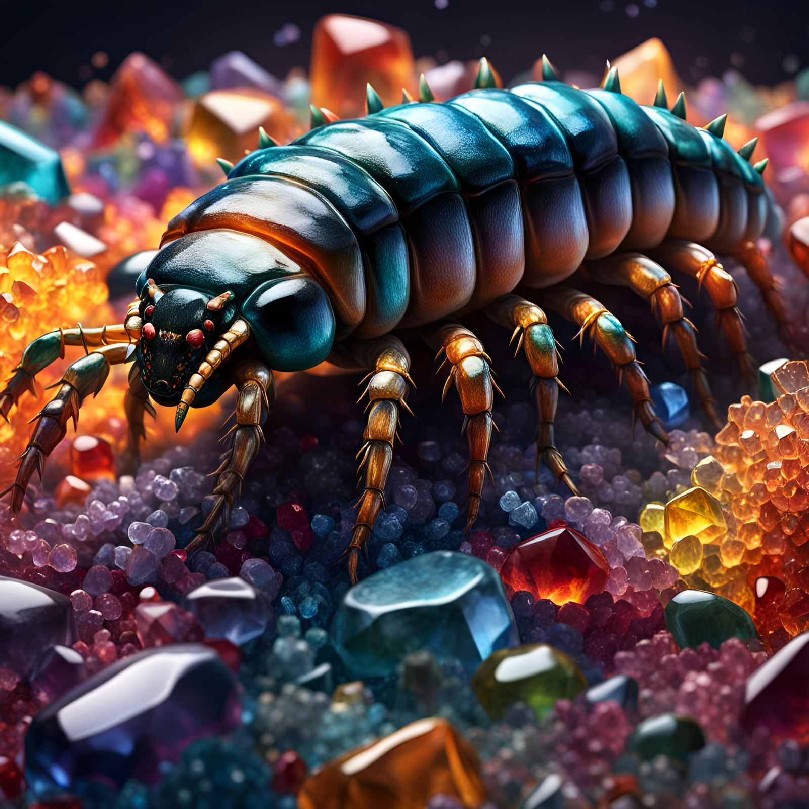 Centipede crawling across crystals