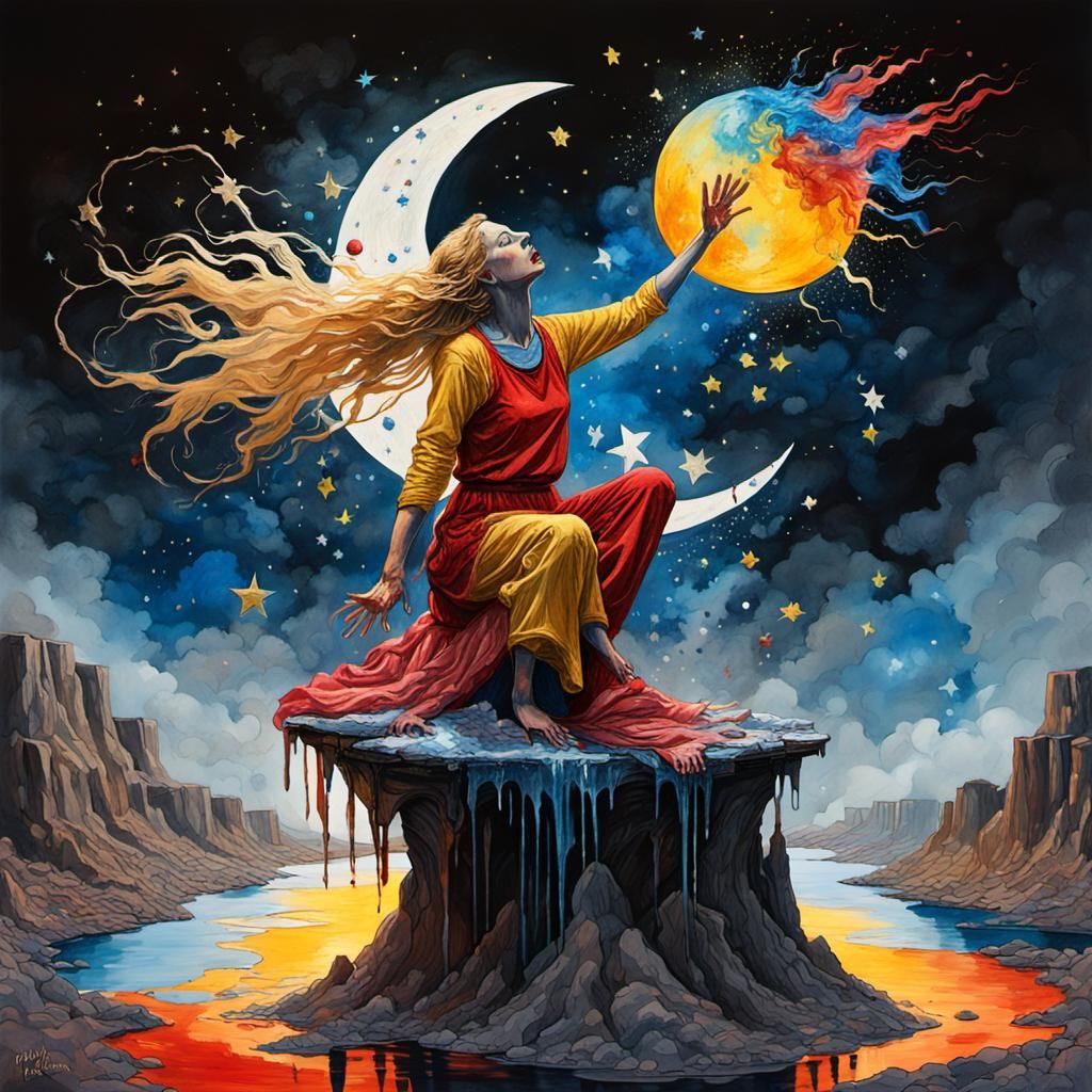 Woman on Melting Moon Throws Stars: Oil Painting