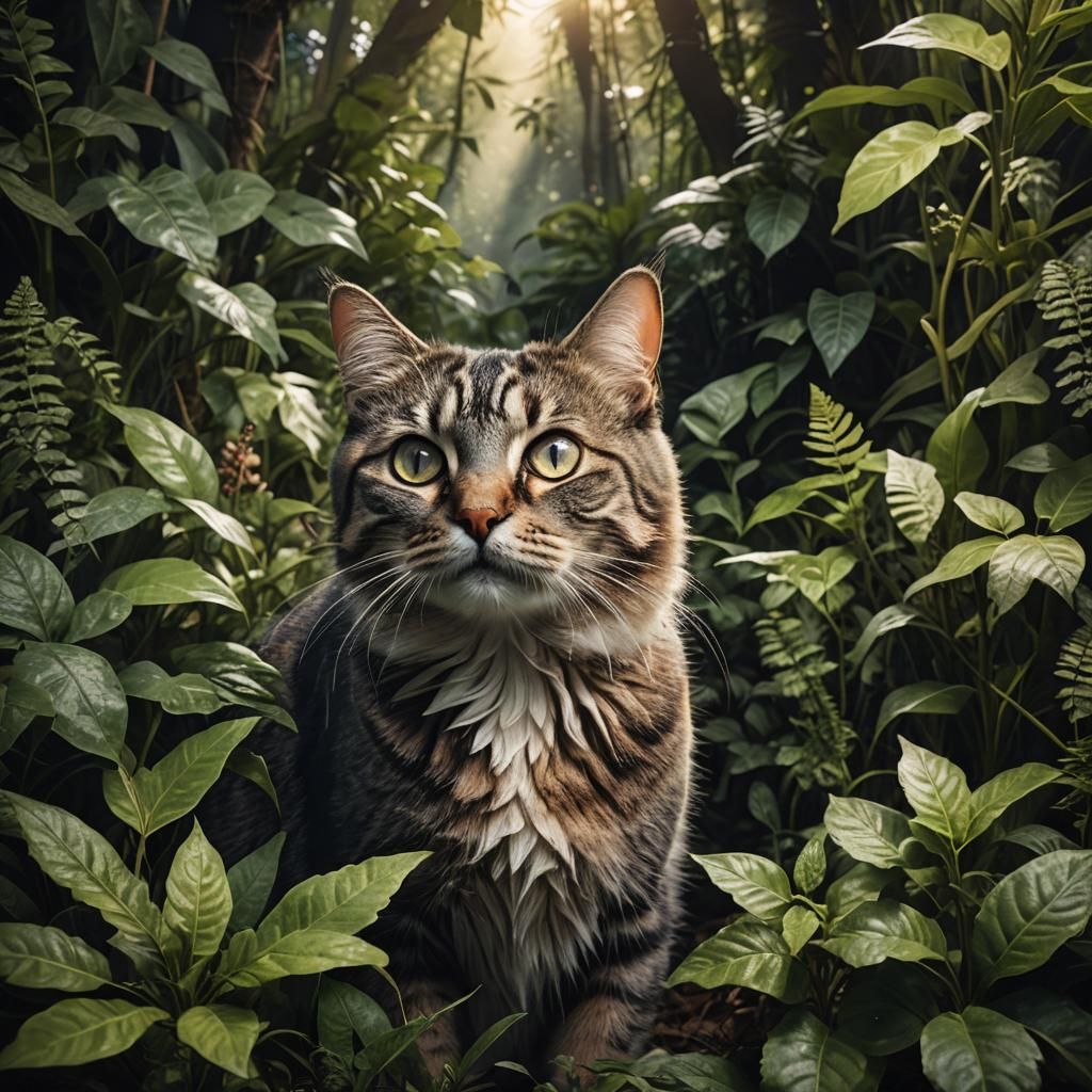 Closeup of a cat surrounded by forest plants and looking up with dark expressive eyes. Cinematic dramatic lighting, warm tones, deep shadows...