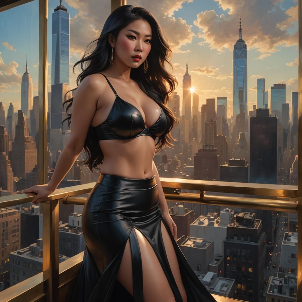 Asian Woman Portrait in Opulent Penthouse, Hyperdetailed Art