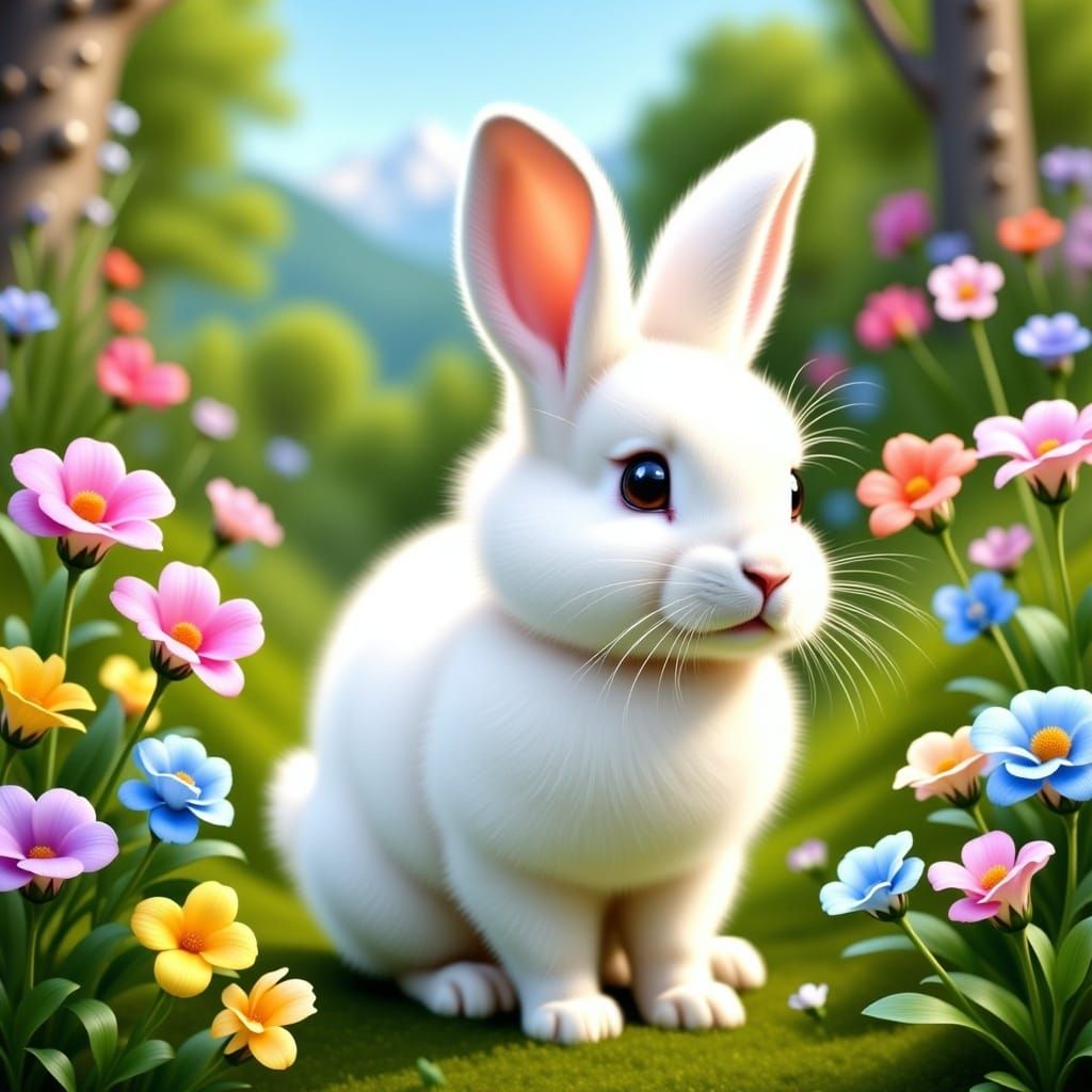 Cutest Baby lop-eared White Fluffy Bunny in a grassy clearing with colorful wildflowers, hyperrealistic, hyperdetailed, Impasto textured bru...
