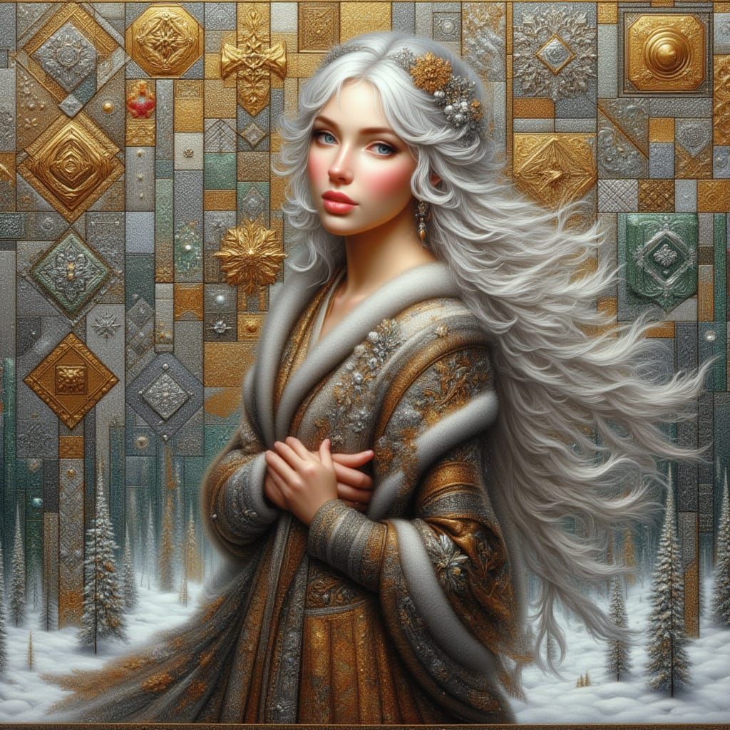<lora:kak-festivepatch:1.0> <lora:kak-festivepatch:1.0> A gorgeous woman with flowing silver hair stands at the center of a winter scene, su...