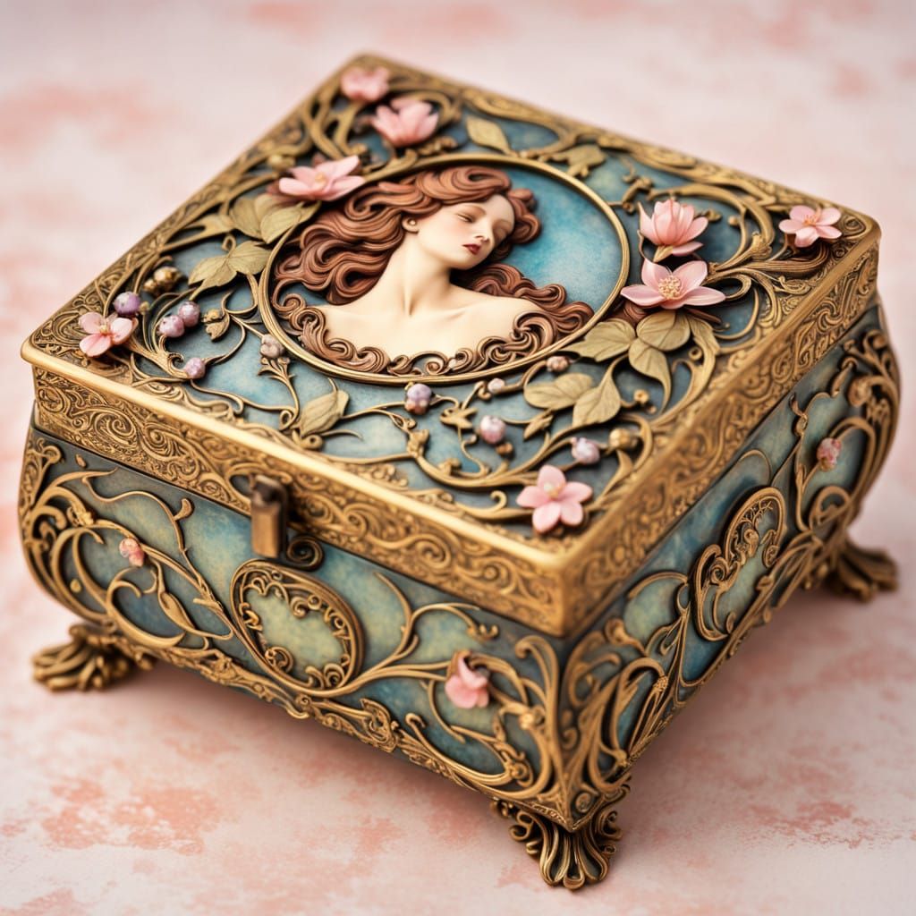 Golden Art Nouveau Music Box with Intricate Floral Carvings