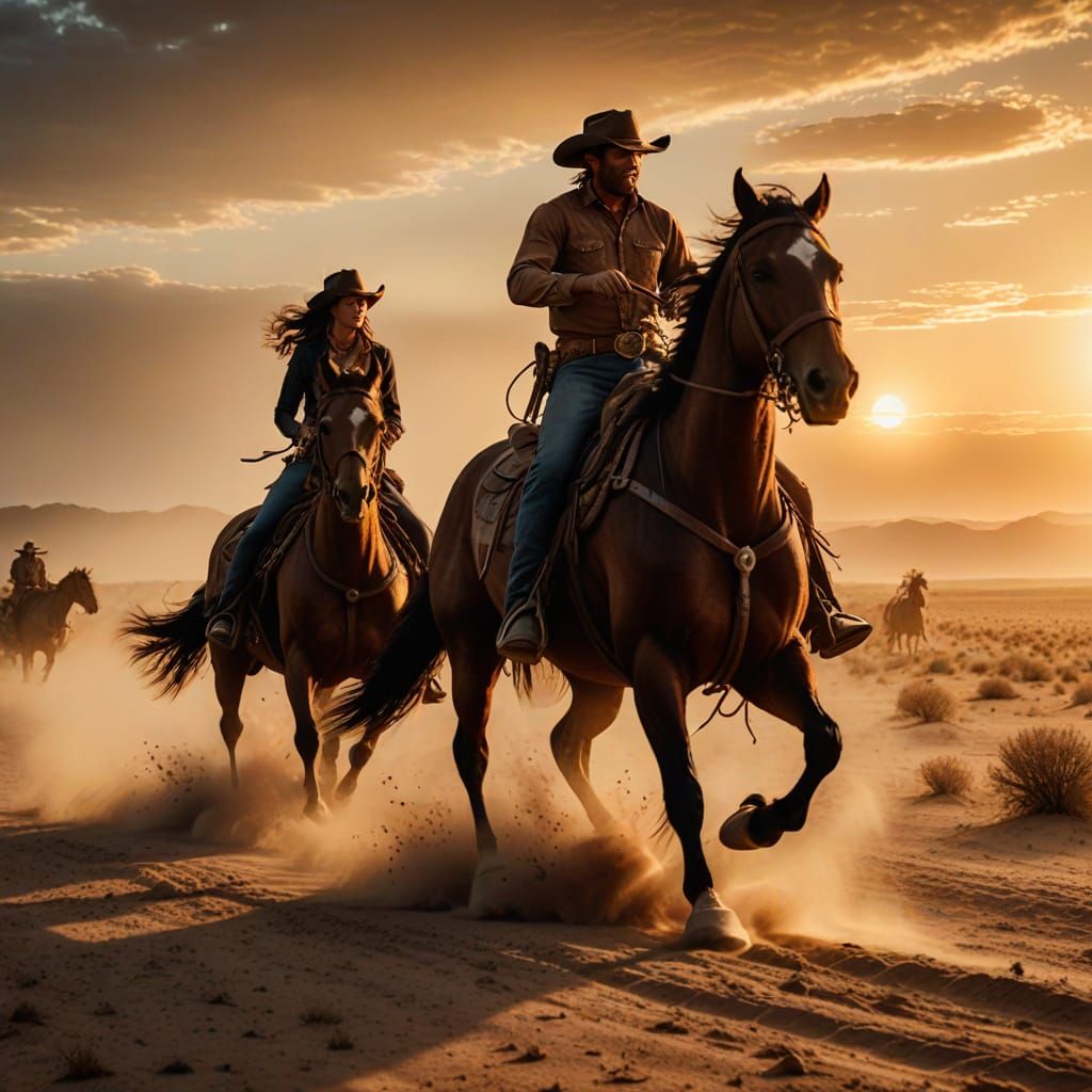 "Hyperrealistic image of a cowboy and a cowgirl galloping on horseback across a vast, dusty prairie during a dramatic sunset. The dust kicke...