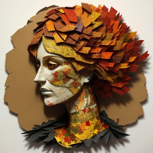 3D, textured torn paper collage art - autumn cozy trees in w...