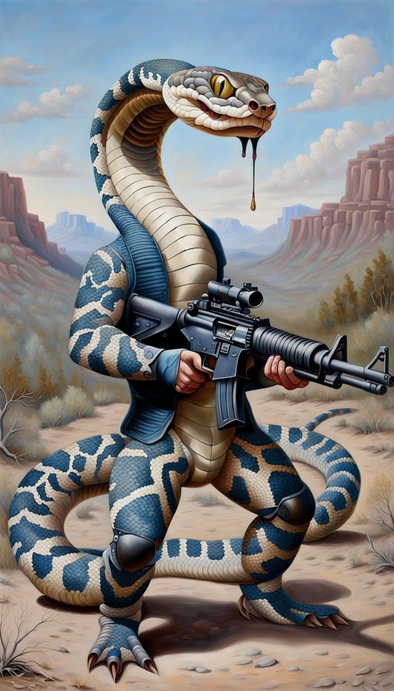 Rattlesnake with machine gun, blue oil on canvas elaborate