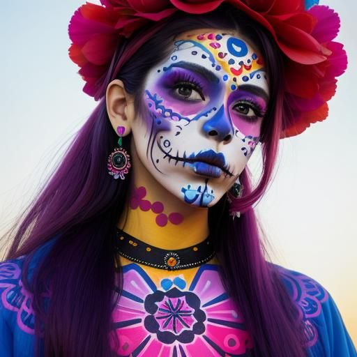 Medium shot of a beautiful woman wearing colorful Día de los...