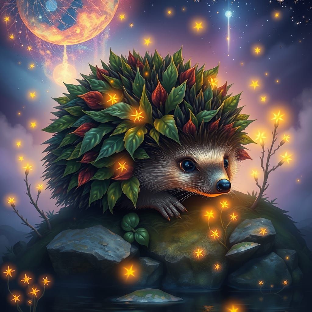 hedgehog its thorns are leaves and fireflies. climbing rainbow plants around. Cosmic water, magic night. ...  by @Lightning