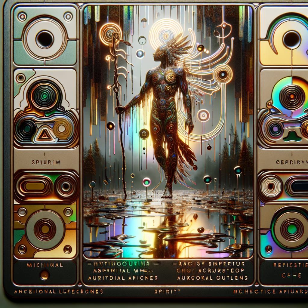  3D ancestral recursion card design featuring a spirit-bound mythic figure with a droste effect of radiant energy rings and recursive auric ...