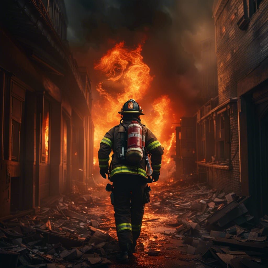"Firefighter emerging out of a burning building  by @Nic Siegel