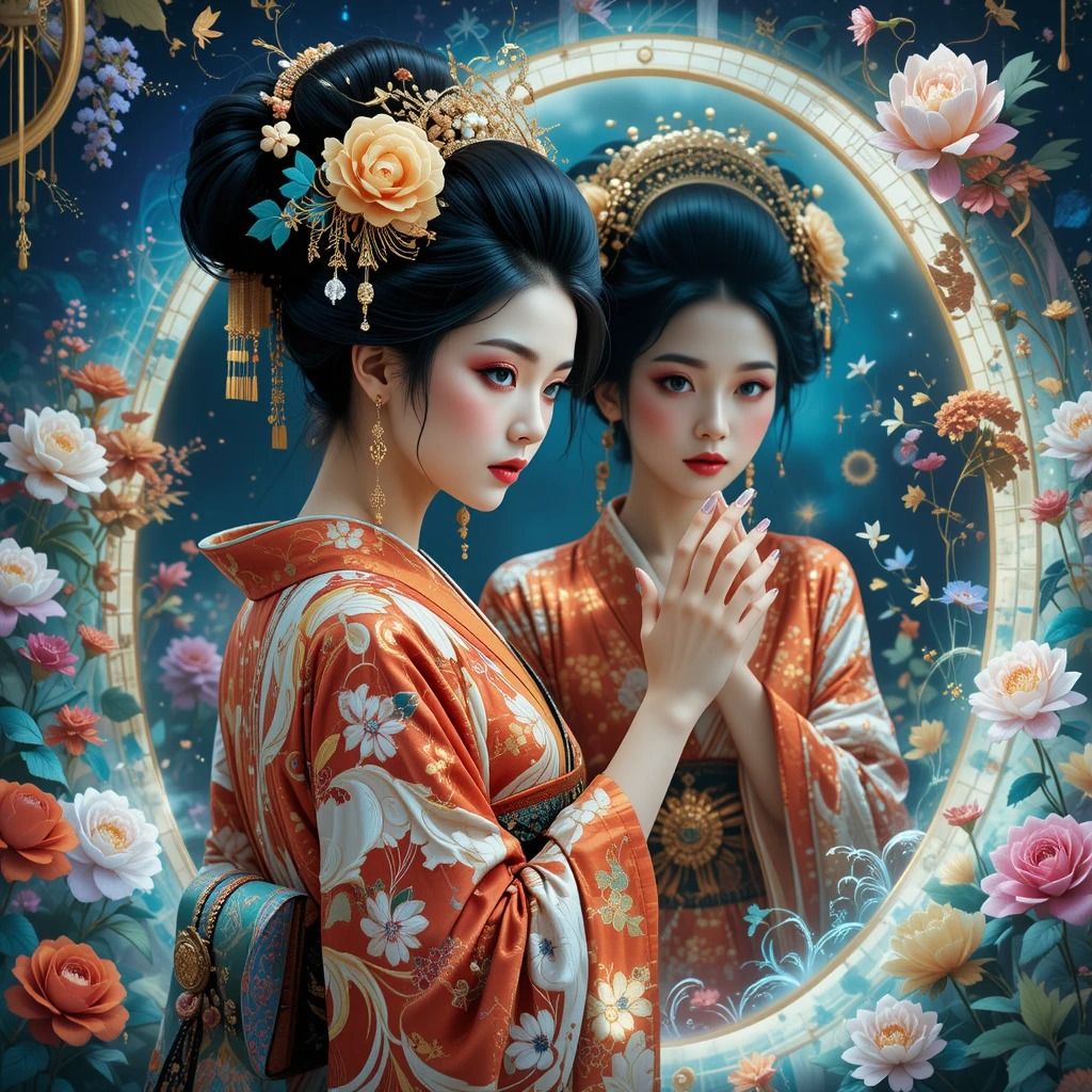Geisha looking into the mirror