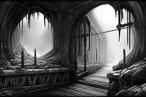 acient dungeon with intricate corridor black and white Dan Mumford ...