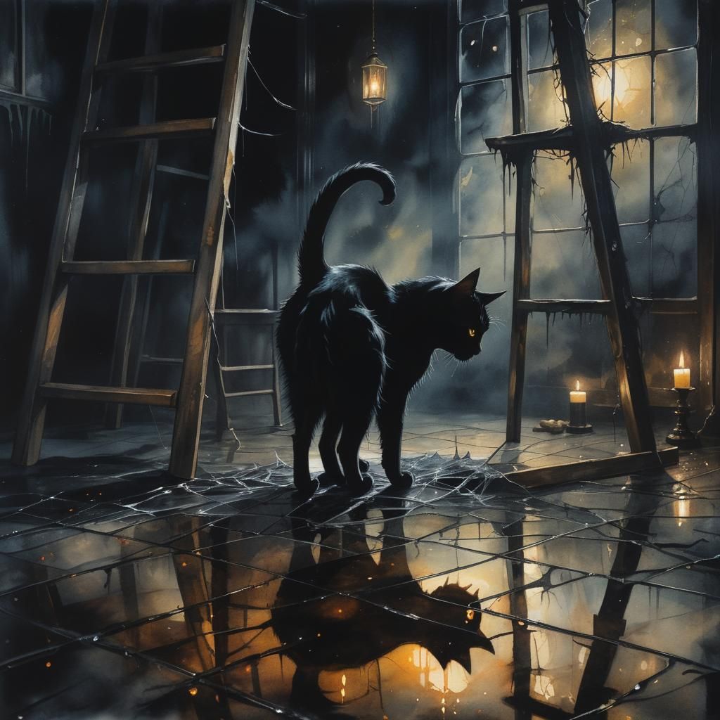 3 bad omens: A black cat walks on a broken mirror under a ladder  by @Oreva