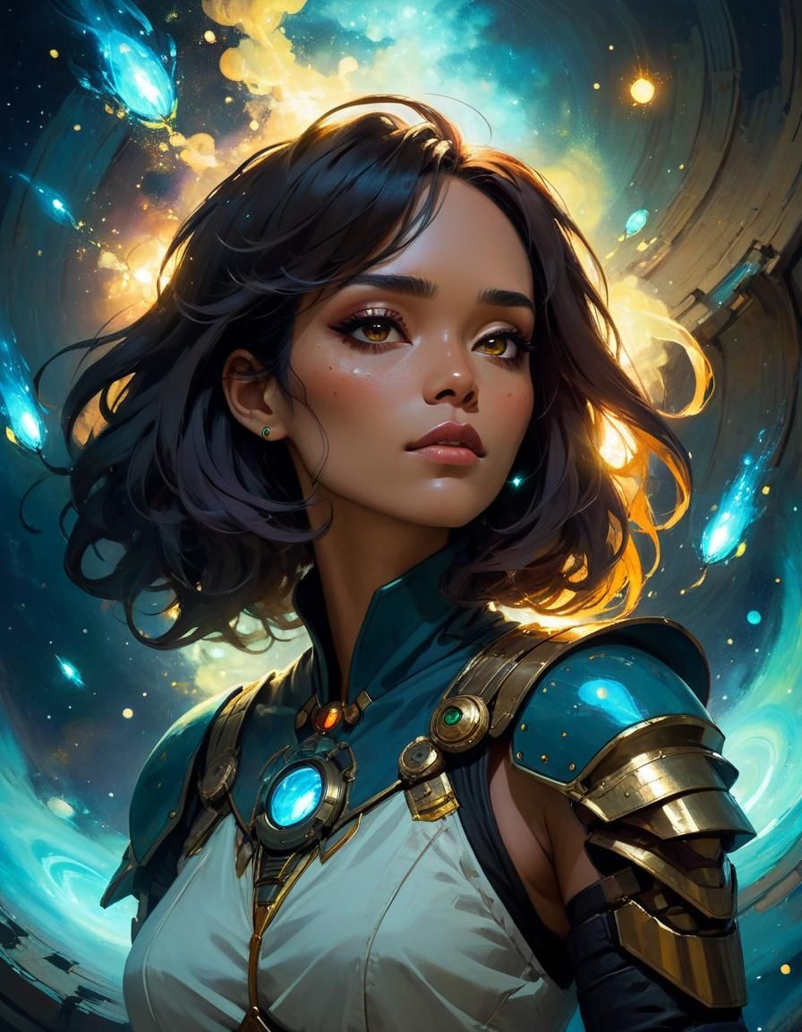 Anime Cleric with Fireflies in Dungeon Interior