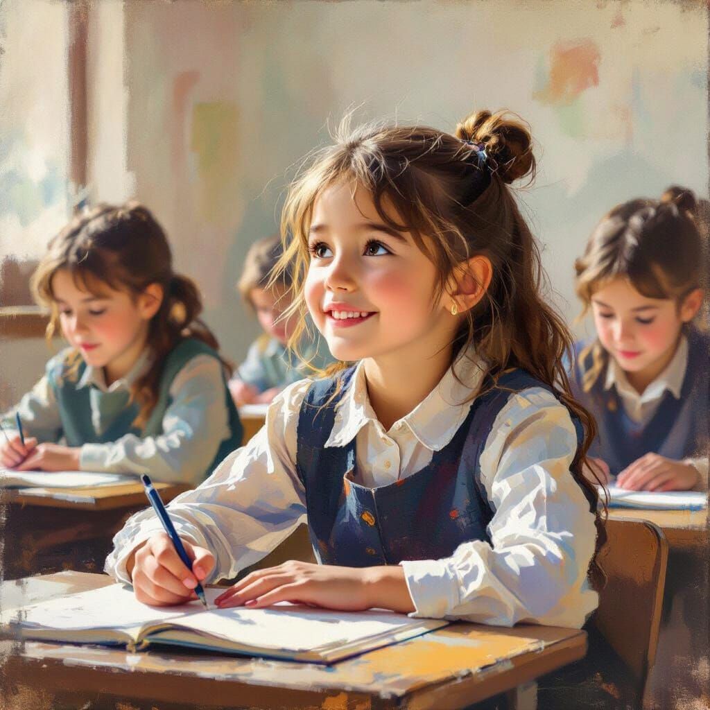 Girl Engaged in Learning, Vibrant Impressionist Style
