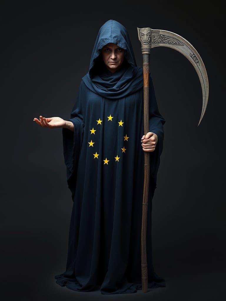 This is a digitally created image of a mysterious figure dressed in a dark blue, hooded cloak that falls to the floor and covers the entire ...