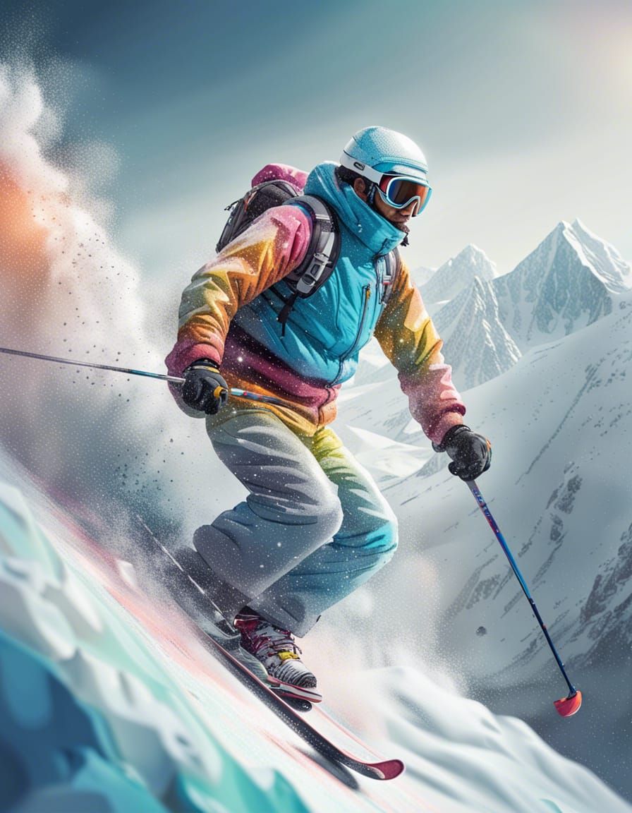Skiing on Everest, skier skiing with mostly muted colors with a pop of color, ski vector art, Miki Asai ...  by @yodsathon L