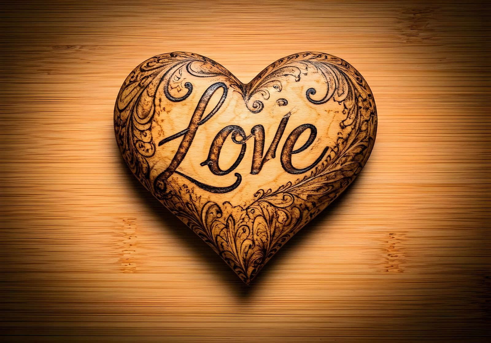 Elegant Wooden Heart with Pyrography Patterns - AI Art