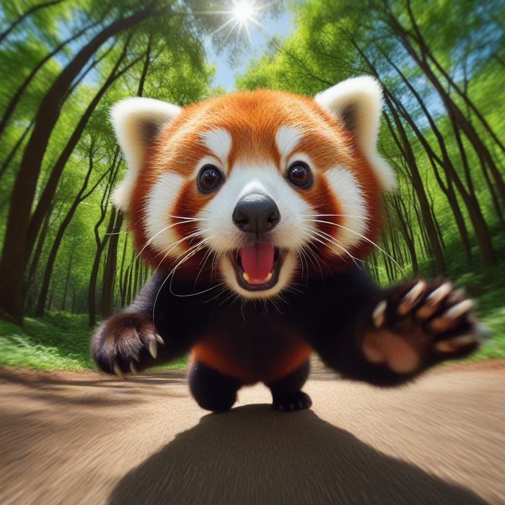 extreme close-up fish-lens Photograph: cute buggy-eyed obese Red Panda; charging into the viewer; with an excited confident look; with one p...
