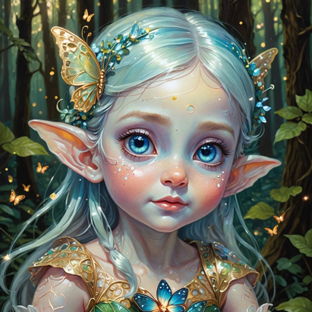 Elv baby hold a magical butterfly ,fantasy magical forest